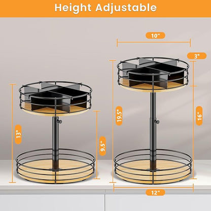 2 Tier Lazy Susan Turntable Organizer Adjustable - 12 Inch Snack Organizer Wood Rotating Spice Rack for Kitchen Countertop Pantry Cupboard Bathroom Coffee Bar Home Storage, Black