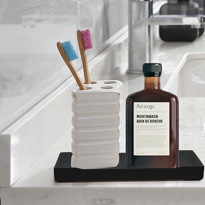 Jiozermi 8.03" Black Rectangular Plastic Vanity Tray for Bathroom and Kitchen, Modern Shatterproof Soap Tray with Polished Finish