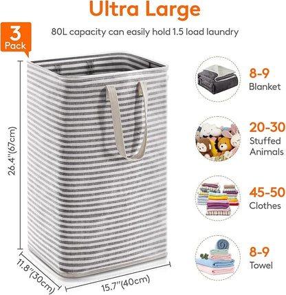 Lifewit 3 Pack Laundry Basket 80L Each, Collapsible Clothes Hamper with Reinforced Handles, Freestanding Waterproof Design for Bedroom and Laundry Room, Black 240L Total
