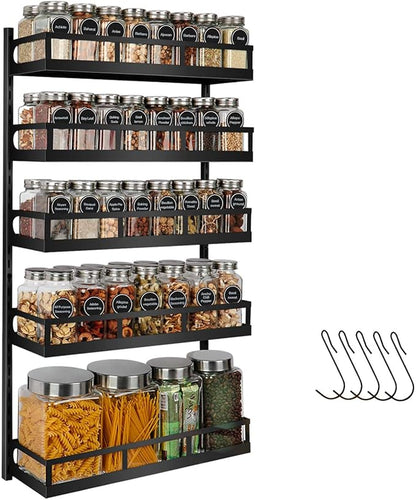 X-cosrack Wall Mount Spice Rack Organizer 5 Tier Height-Adjustable Hanging Spice Shelf Storage for Kitchen Pantry Cabinet, Dual-Use Seasoning Holder Rack with Hooks, Black-Patented