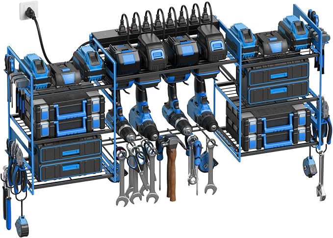 CCCEI Blue Power Tool Organizer Wall Mount, Large Tools and Battery Storage Rack Charging Station Individual Switches. Drills Holder, Garage Utility Shelves with 10FT Power Strip. Gift for Men.