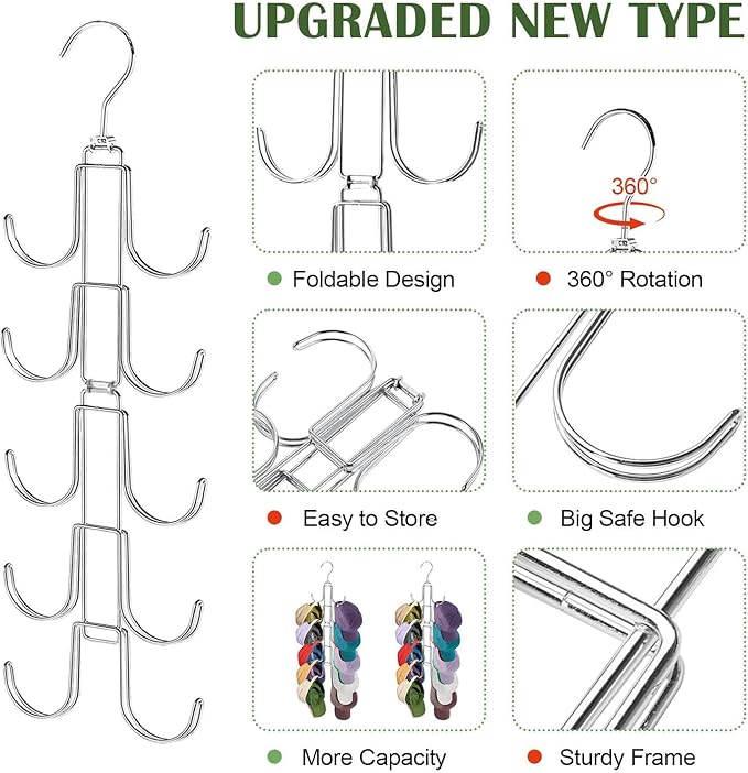 Hat Organizer for Closet, Rotatable Metal Caps Rack with 10 Large Hooks for Display, Holds Up to 40 Baseball Caps, Collapsible Hat Hanger for Closet, Dorm Room Organizers and Storage, White