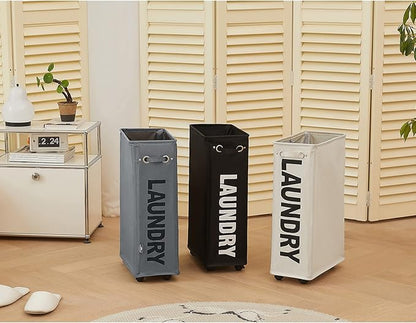 DOKEHOM 25-Inches Slim Laundry Basket on Wheels, Collapsible Rolling Laundry Hamper, Foldable Narrow Corner Clothes Storage Bins (Black)