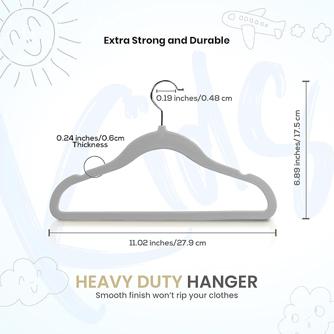 Utopia Home Kids Velvet Hangers 50 Pack – 11 Inch Non-Slip Baby Hangers for Baby and Toddlers, Durable Ultra-Slim Space-Saving Closet Organizers (Grey)