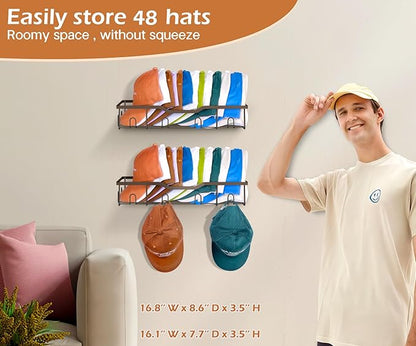 KEETDY Metal Hat Racks for Wall Baseball Cap Organizer Fit 48 Caps Holder, 2 Packs Sturdy Wall Mounted Hat Storage Organizer, Brown