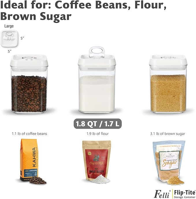 Felli Flip Tite Storage Container with Built-In Spoon & Airtight Lid 5” Large-M Ring Flip Top, Stackable Acrylic Canister for Sugar Flour Powder, Kitchen Pantry Organizer (1.8qt), 2 spoons
