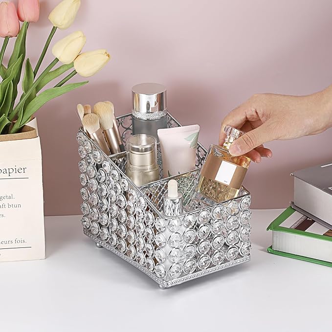 Hipiwe Crystal Makeup Brush Organizer 3 Slots Makeup Palette Organizers Vanity Storage Holder Eyeshadow Palette Display Holder Cosmetic Holder for Dresser Bathroom