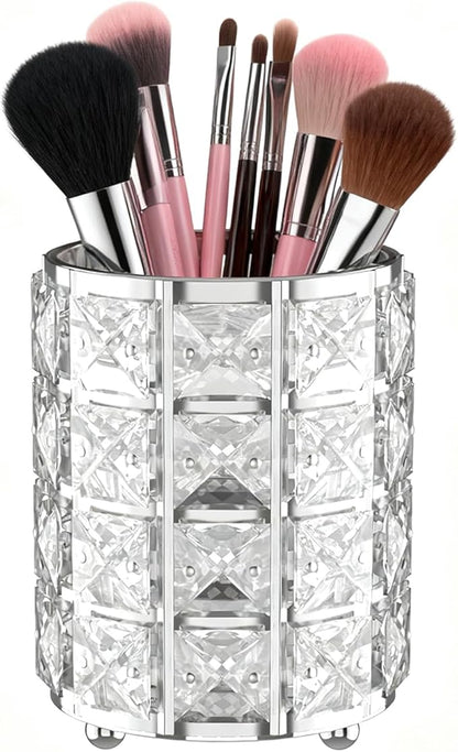 LUGUNU Makeup Brush Holder with Silver Crystal Bling – Elegant Vanity Organizer for Brushes, Pens & Pencils, Ideal for Bathroom or Office Countertop(1Pack)