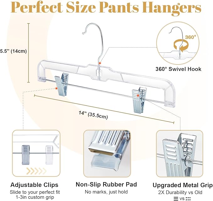 HOUSE DAY 50 Pack Skirt Hangers Pant Hangers with Clips, Clear Plastic Hangers for Pants, Skirts, Shorts, Versatile Use Clip Hanger, Retail Hanger