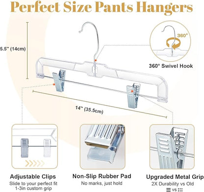 HOUSE DAY 100 Pack Skirt Hangers with Clips, Clear Plastic Pants Hangers with 2-Adjustable Clips，Non-Slip Clip Hanger for Pant, Skirts, Shorts, Bulk Retail Hanger
