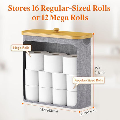 Lifewit Toilet Paper Storage Holder for 12 to 16 Rolls, Free Standing Toilet Paper Basket Stand with Bamboo Lid, Collapsible Fabric Bathroom Organizer Box for Mega Rolls, 30L, Extra Large, Light Gray