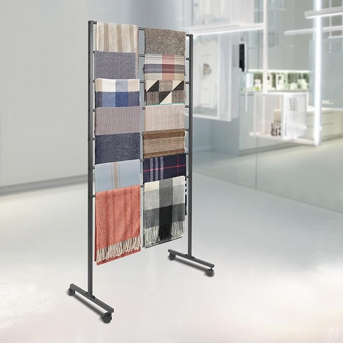 7 Tier Metal Display Rack with Wheels, Floor Standing Scarf Display Stand, Hijab Rack for Retail Stores, Towel, Belts, Ties, and Pants (Black, 7 Tier)