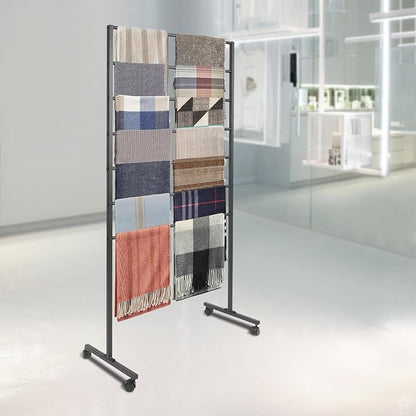7 Tier Metal Display Rack with Wheels, Floor Standing Scarf Display Stand, Hijab Rack for Retail Stores, Towel, Belts, Ties, and Pants (Black, 7 Tier)