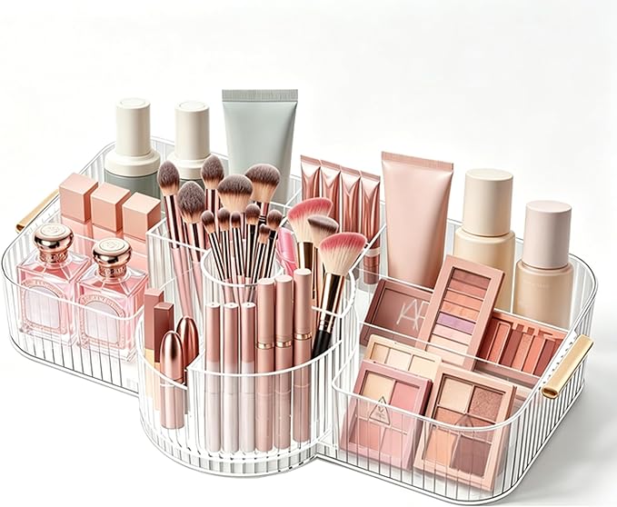 Spinning Makeup Organizer Countertop for Vanity,Dresser Organizer with Rotating Brush Holder,Beauty Storage Holder,Skincare Organizer,Perfume Organizer,Bathroom Counter Organizer