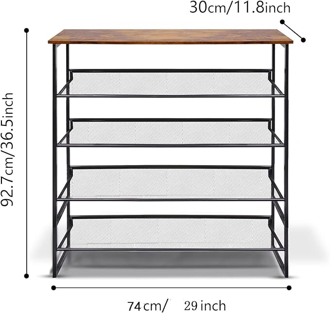Garden 4 you Shoe Rack for Entryway 5 Tiers 11.8" D x 29" W x 36.5" H, Metal Shoe Rocks with Brown Wooden Tabletop, Angled Shoes Rack with Adjustable Mesh Shelves for Entryway Hallway Closet