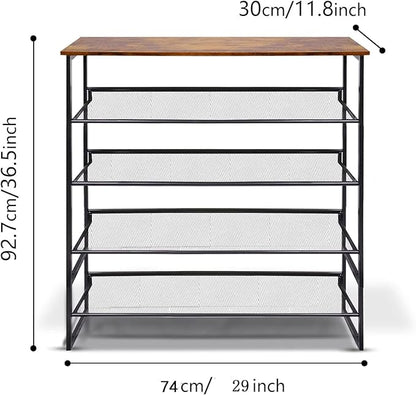 Garden 4 you Shoe Rack for Entryway 5 Tiers 11.8" D x 29" W x 36.5" H, Metal Shoe Rocks with Brown Wooden Tabletop, Angled Shoes Rack with Adjustable Mesh Shelves for Entryway Hallway Closet