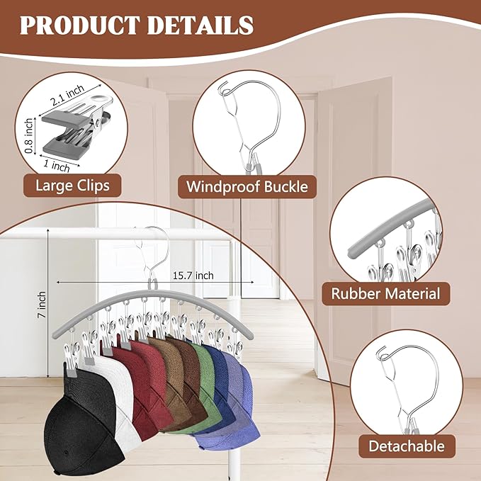 3 Pack Hat Hangers for Closet Display, Metal Hat Organizer for Baseball Caps with 30 Clips, Hats Rack Holder for Closet, Hats Storage for Baseball Caps Beanie Accessories Men Women, Grey