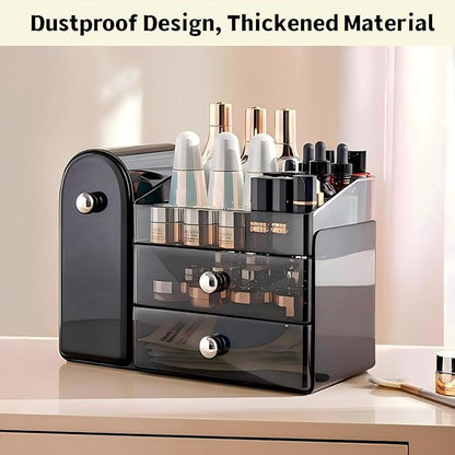 Makeup Organizer for Vanity with Covered Brush Holder，Bathroom Organizers with Drawer，Skin Care Organizer，Makeup Organizers for Vanity with Drawer，Large Makeup Storage for Dresser, Black