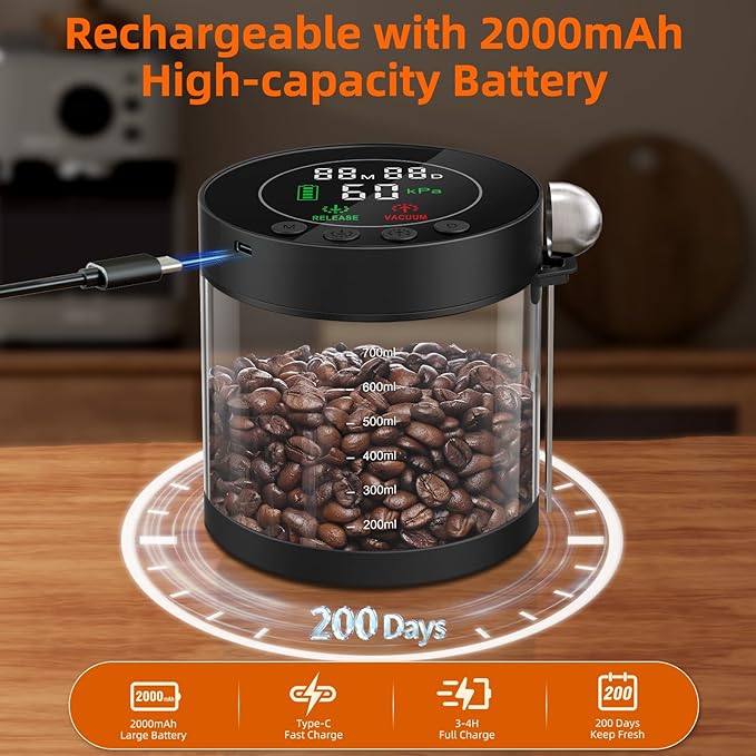 Electric Vacuum Coffee Canister, 0.8L Glass Airtight Food Storage Containers with Smart Pressure Sensor, Automatic Coffee Bean Container Rechargeable with LED Display Window for Kitchen Food Storage