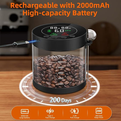 Electric Vacuum Coffee Canister, 0.8L Glass Airtight Food Storage Containers with Smart Pressure Sensor, Automatic Coffee Bean Container Rechargeable with LED Display Window for Kitchen Food Storage