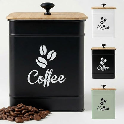Airtight Coffee Canister - 40 oz Large Iron Black Coffee Container Airtight - 6 x 8 inch Metal Jar - Stylish Countertop Container for Coffee Grounds, Beans, Pods & More with Rubber-Lined Bamboo Lid