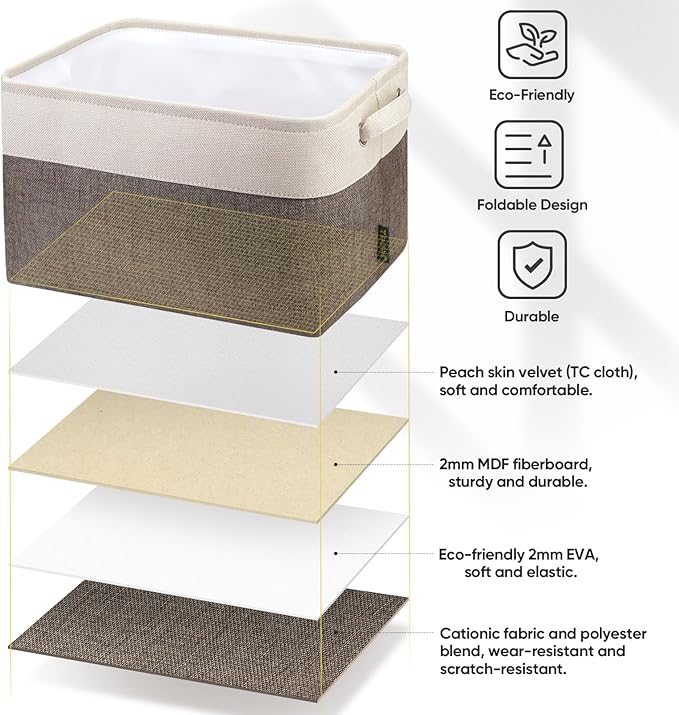 BALEINE 2 Pack Fabric Closet Storage Bins for Shelves, Linen Closet Organizers and Storage, Decorative Baskets for Organizing, Shelf, Clothes, Home, Office (Brown, 12"x8"x8")
