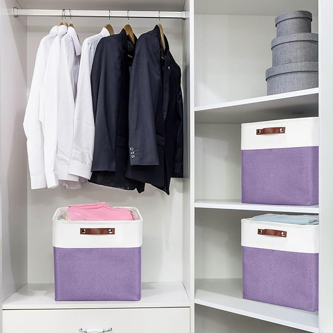 Bagnizer 13x13 Cube Storage Bins, Collapsible Fabric Storage Box, 4 Pack Closet Baskets with Handles for Organizing, Shelf, Toys, Clothes, Home, Office, Nursery (Purple&White)