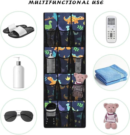 Over the Door Organizer with 12 Mesh Pockets, Space Saving Hanging Storage for Bedroom, Bathroom, Pantry, Clear View Window & Reinforced Mesh Pockets,Dinosaur