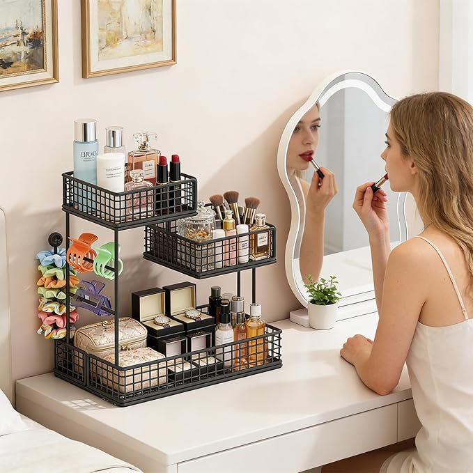 AMANKA 3-Tier Metal Cosmetic Organizer,Cosmetic storage rack for vanity tables,Multipurpose Metal Bathroom Organizers and Storage, Use Countertop Organizer for perfume/makeup/Vegetables (BLACK 2)