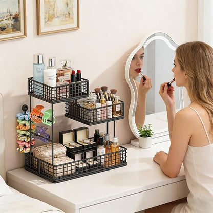 AMANKA 3-Tier Metal Cosmetic Organizer,Cosmetic storage rack for vanity tables,Multipurpose Metal Bathroom Organizers and Storage, Use Countertop Organizer for perfume/makeup/Vegetables (BLACK 2)