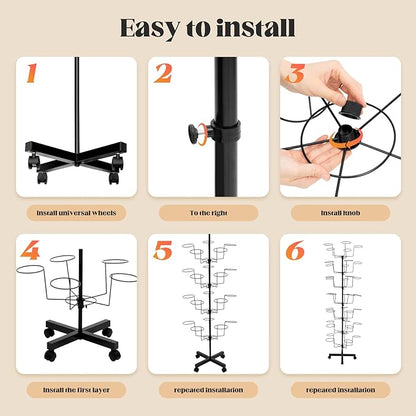 7-Tier Rotating Hat Display Rack Stand – Freestanding Metal Hat Organizer with 35 Cap Holders, Adjustable Height & Rolling Base, Space-Saving Standing Hat Rack for Baseball Caps, Cowboy Hats, Stores