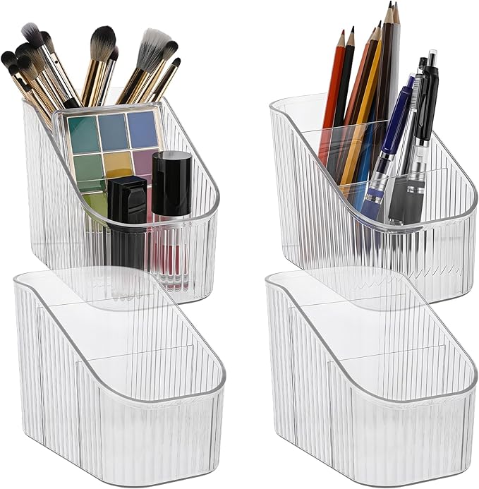 4 Pcs 3 Slot Makeup Brush Holder, Vintage striped Make Up Brush Holder Cosmetic Brushes Container Cosmetic Display Case for Vanity Decor Perfume Hairbrush Desk Accessories, Clear