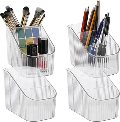 4 Pcs 3 Slot Makeup Brush Holder, Vintage striped Make Up Brush Holder Cosmetic Brushes Container Cosmetic Display Case for Vanity Decor Perfume Hairbrush Desk Accessories, Clear