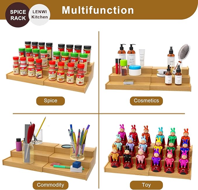 Lenwi Spice Rack Organizer for Cabinet, 3 Tier Expandable Bamboo Spice Storage for Kitchen Cupboard Pantry