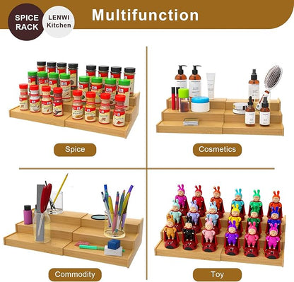 Lenwi Spice Rack Organizer for Cabinet, 3 Tier Expandable Bamboo Spice Storage for Kitchen Cupboard Pantry