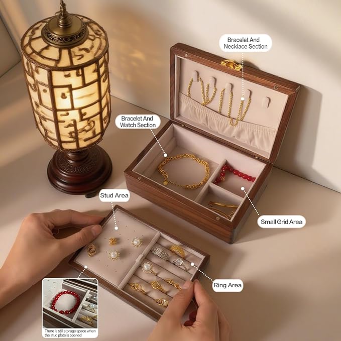 Travel-Friendly Portable Black Walnut Jewelry Box, 2-Layer Classic Organizer, Velvet Lined Storage for Rings, Necklaces, Earrings - Ideal Gift for Birthday, Mother's Day, Anniversary,Getaways