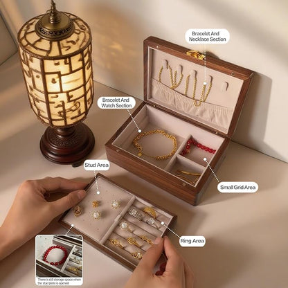 Travel-Friendly Portable Black Walnut Jewelry Box, 2-Layer Classic Organizer, Velvet Lined Storage for Rings, Necklaces, Earrings - Ideal Gift for Birthday, Mother's Day, Anniversary,Getaways