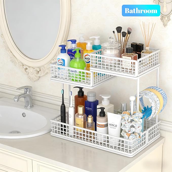 BCWW 3 Tiers Makeup Organizer Countertop Multi Bathroom Counter Organizer Metal Fruit Basket Perfume Skincare Organizers Holder for Vanities, Cabinet, Cosmetic, Dresser Organizer (Square(White))