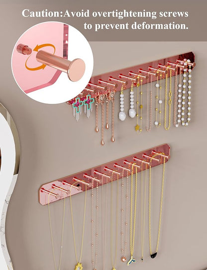 NiHome Wall Mount Acrylic Jewelry Organizer 2-Pack, Sleek Rack Strong Carbon Steel Hooks for Dressing Table, Bathroom, Kitchen, Hassle-Free Installation Dual Mounting Options (Rose Gold Mirror Finish)