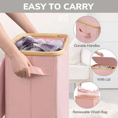 Goodpick Laundry Basket with Wheels, Collapsible Clothes Hampers with Removable Laundry Bag 100L Large Rolling Hamper with Lid for Bedroom, Bathroom, Pink