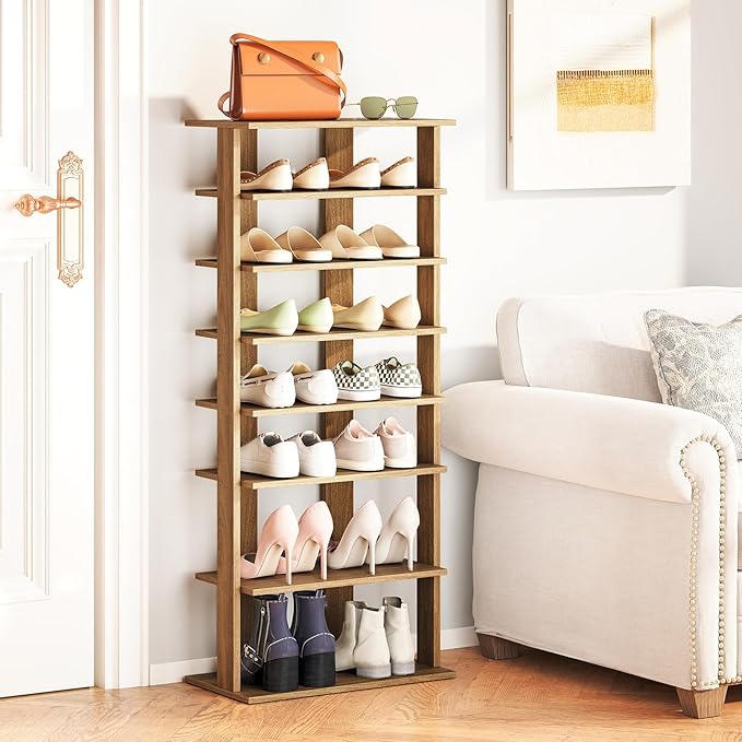 Giantex 8-Tier Wooden Shoe Rack, Patented Double Row Shoe Organizer for 16 Pairs, Customizable Height, Space-Saving Shoe Storage Stand for Entryway, Hallway, Living Room, Bedroom, Natural