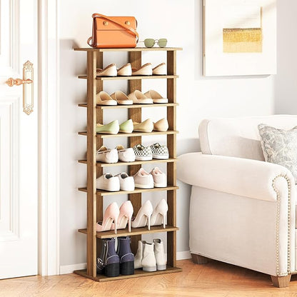 Giantex 8-Tier Wooden Shoe Rack, Patented Double Row Shoe Organizer for 16 Pairs, Customizable Height, Space-Saving Shoe Storage Stand for Entryway, Hallway, Living Room, Bedroom, Natural