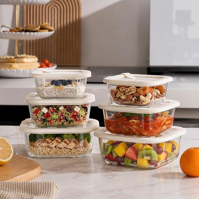 Urban Green Glass Food Storage Containers with Glass Lids, Microwave Safe Food Container Set, Airtight Meal Prep Containers, LeakProof, 100% Plastic Free, 6 Pack