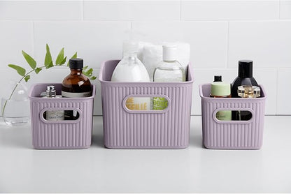 Decorative Plastic Basket Lidded Home Storage Bins Organizer, Medium Lilac Purple (1 Pack - 5 Liter) Stackable Container Box, for Organizing Closet Storage Bins for Shelves - Ribbed Collection