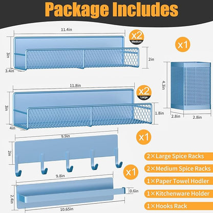 Magnetic Spice Rack for Refrigerator, 7 Pack Metal Magnetic Shelf Blue, Moveable Spice Organizer with Hook Rack, Paper Towel Holder, Kitchenware Holder, Strong Magnetic Storage Fridge Organizer