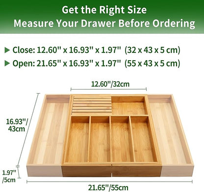 VaeFae Bamboo Silverware Drawer Organizer Kitchen, Expandable Utensil Organizer with Knife Block, Cutlery Tray with Divider, Multifunctional Drawer Organizer