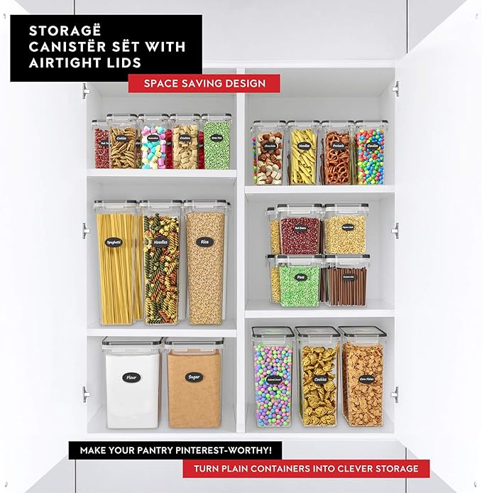 DWËLLZA KITCHEN Airtight Food Storage Container Set - 8 Pieces 1.4L - Plastic BPA Free Kitchen Pantry Storage Containers with Lids - Dishwasher Safe - Include 8 Labels - Keeps Food Fresh & Dry