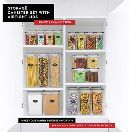 DWËLLZA KITCHEN Airtight Food Storage Container Set - 8 Pieces 1.4L - Plastic BPA Free Kitchen Pantry Storage Containers with Lids - Dishwasher Safe - Include 8 Labels - Keeps Food Fresh & Dry