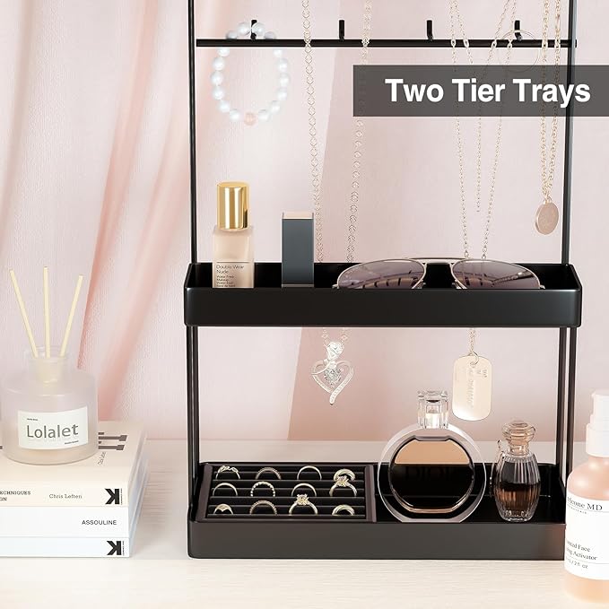 Lolalet 4-Tier Jewelry Organizer Stand with 12 Hooks, Necklace Bracelet Ring & Sunglasses Holder, Cute Metal Jewelry Storage Rack for Vanity, Dresser or Entryway, No Assembly -Black