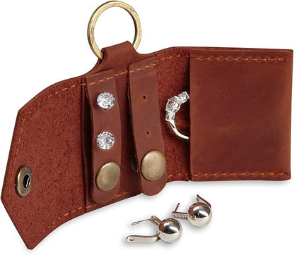Leather Keychain Earrings Holder, Wedding Travel Case, Engagement Holder, Pouch Bag, Workout and Gym Ring Holder (Cognac)